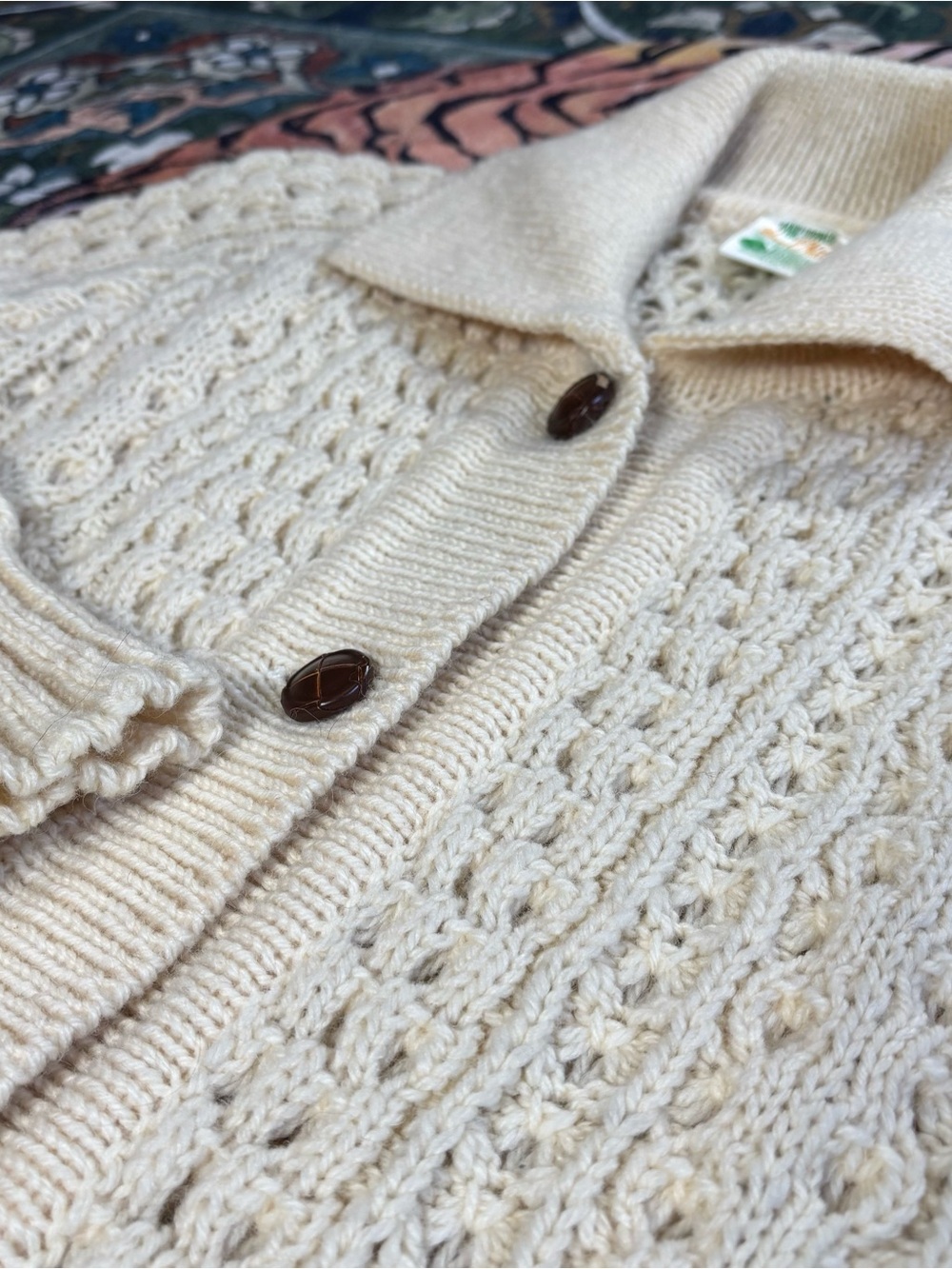 Una O'Neill Aran Wool Sweater Cardigan Fisherman Ivory Chunky Cable Knit Ireland - Picture 3 of 8